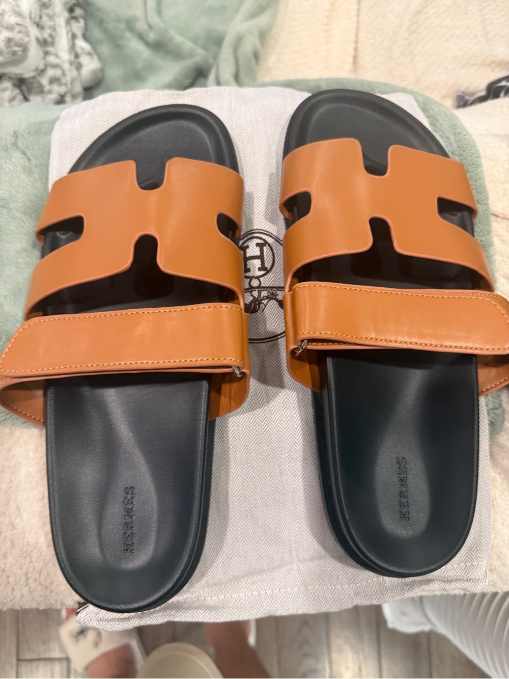 Hermès Oran Style Leather Slide Sandals — Tan & Black